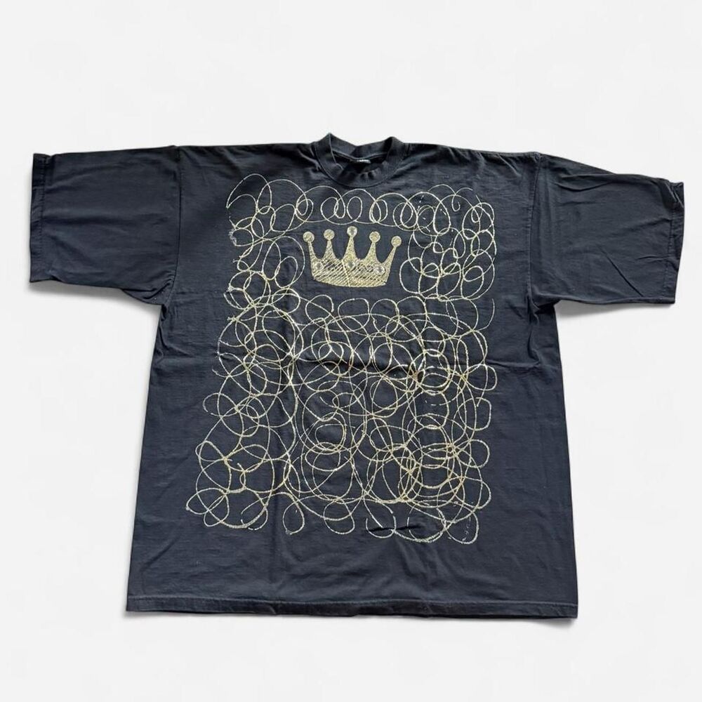 Y2K Hip Hop Made in USA black t-shirt gold glitter crown scribbles size 4XL